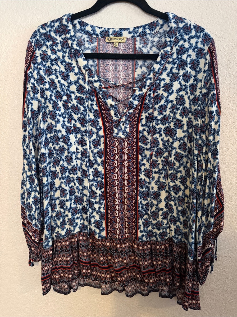 Democracy White Tunic with Blue Floral Print and Red Trim